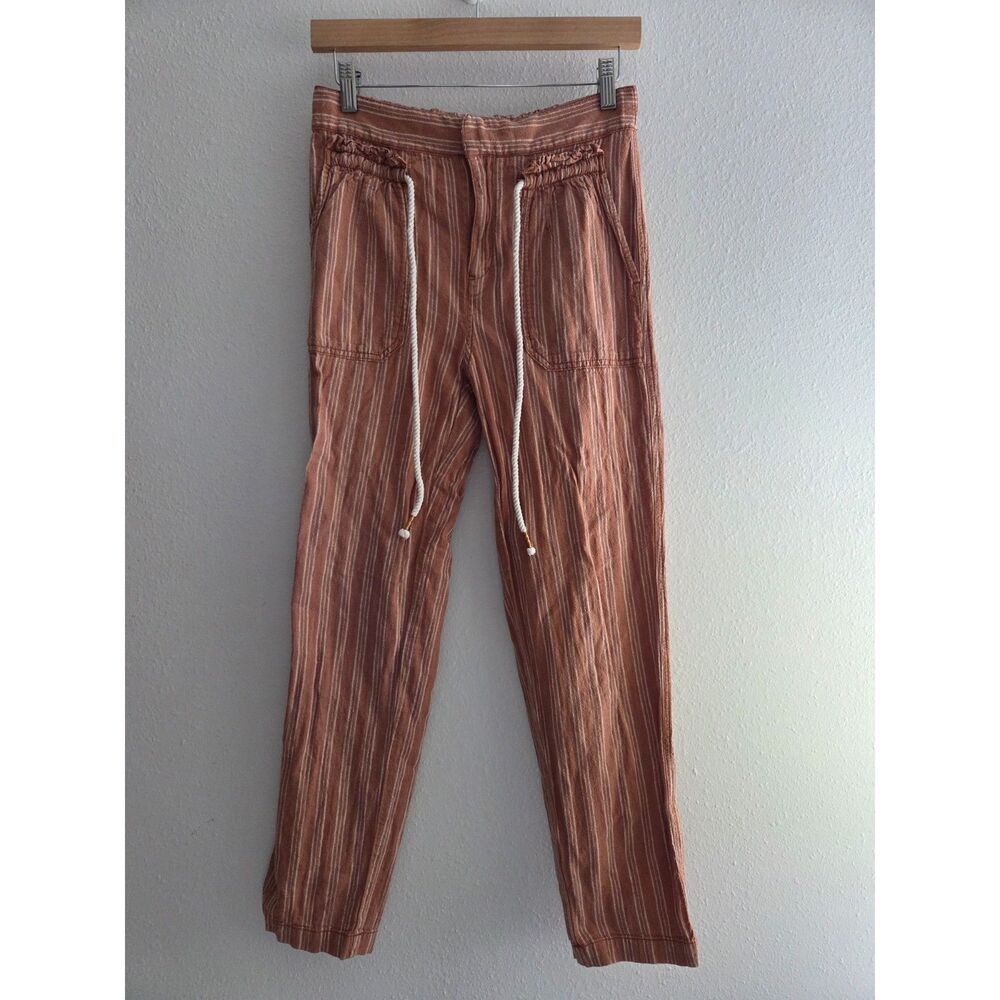 Anthropologie Striped Linen Cotton Pants XS Rust Cream Cropped Drawstring